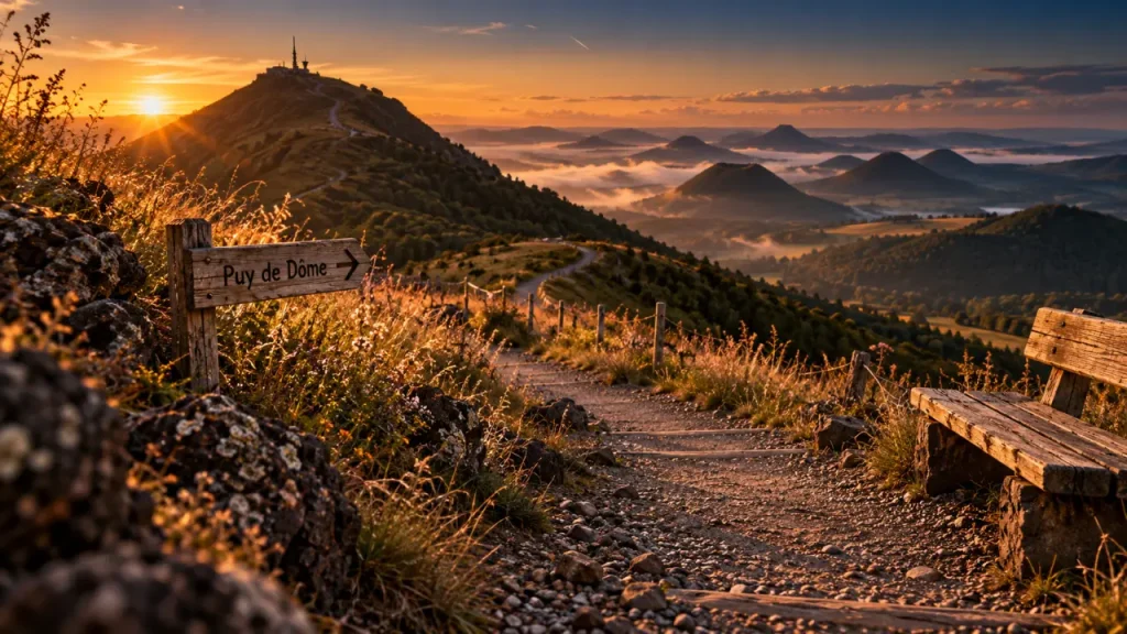 Auvergne tourisme les incontournables : chemin vers le Puy de Dôme, lacets au coucher du soleil
