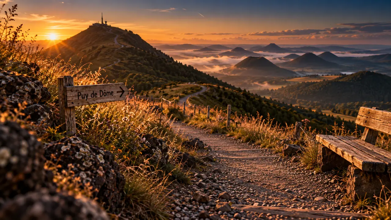 Auvergne tourisme les incontournables : chemin vers le Puy de Dôme, lacets au coucher du soleil