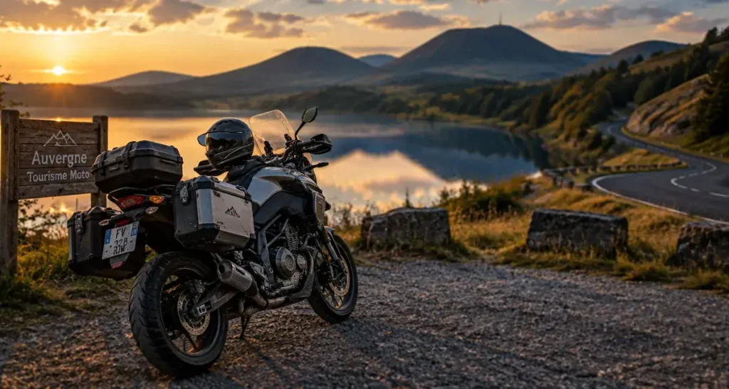 Auvergne tourisme moto : moto au bord d’un lac auvergnat, paysages volcaniques