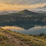 Auvergne volcans tourisme : lac de cratère et puy de Dôme, lever du jour