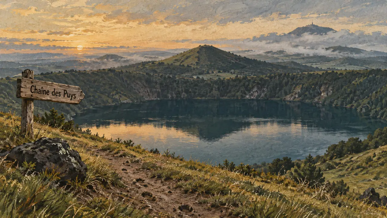 Auvergne volcans tourisme : lac de cratère et puy de Dôme, lever du jour