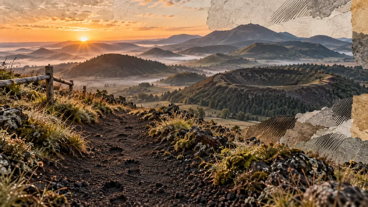 Chaines des volcans d auvergne, Chaîne des Puys au lever du jour, sentier volcanique et puys.
