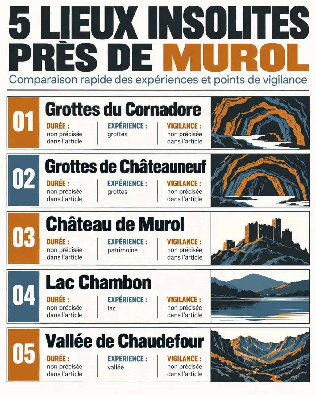 Infographie des lieux insolites près de Murol avec durées et activités