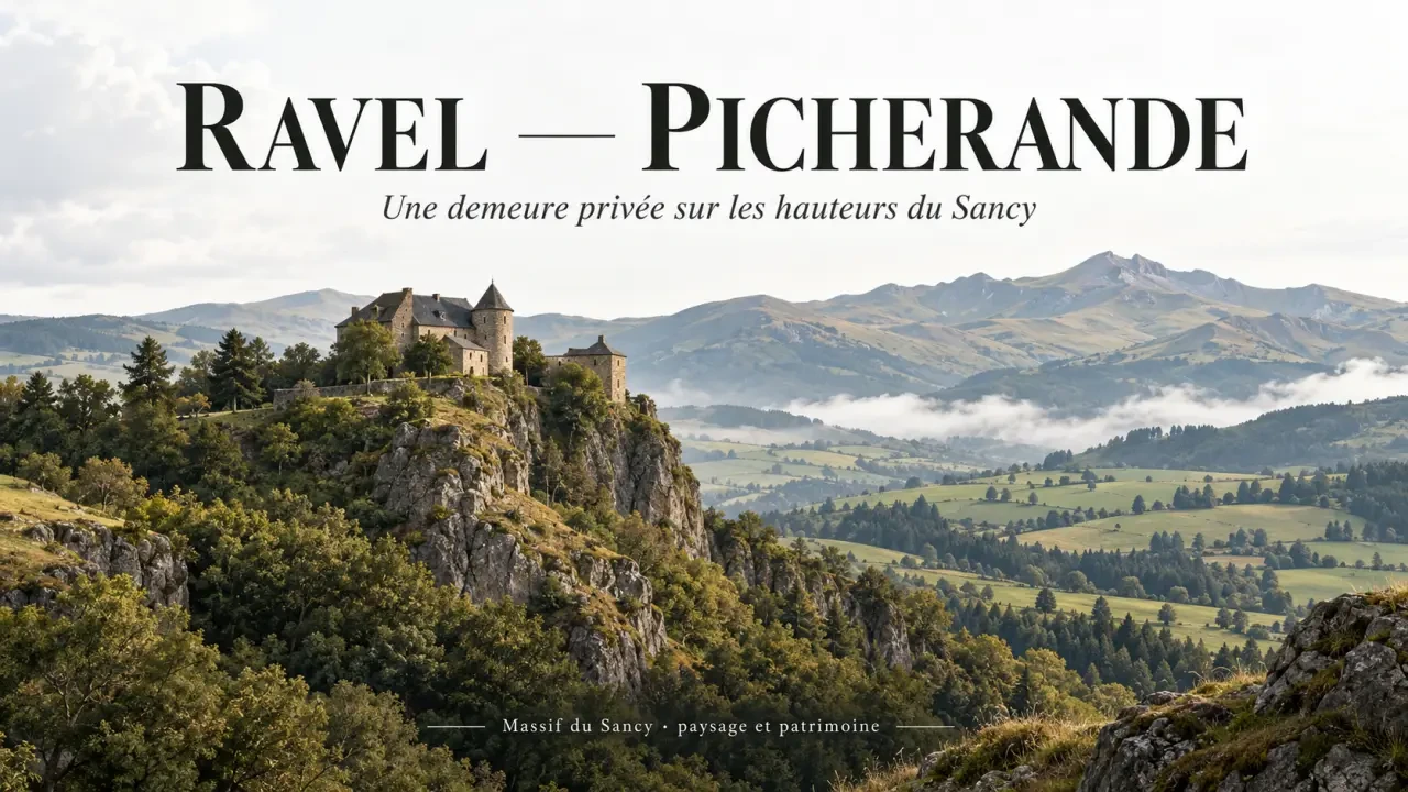 Château de Picherande, ou château de Ravel, sur un piton rocheux dans le massif du Sancy