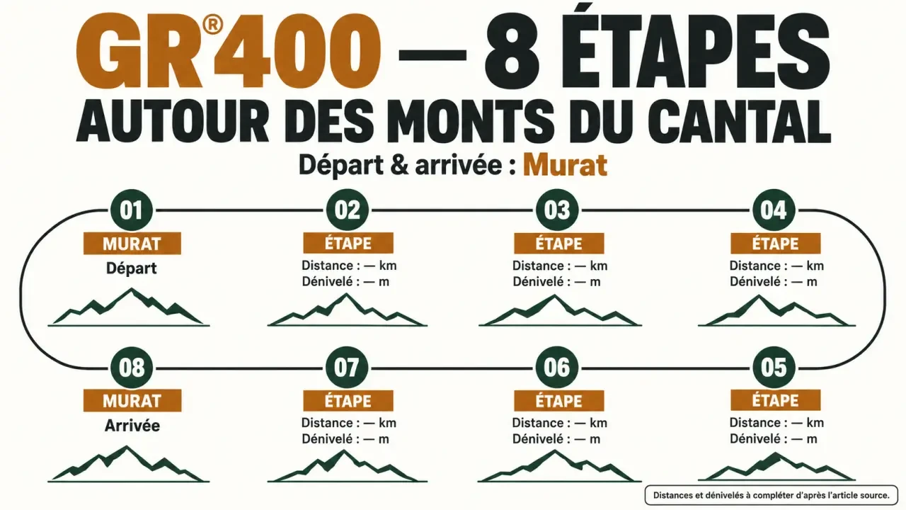 Infographie des gr400 étapes autour des monts du Cantal