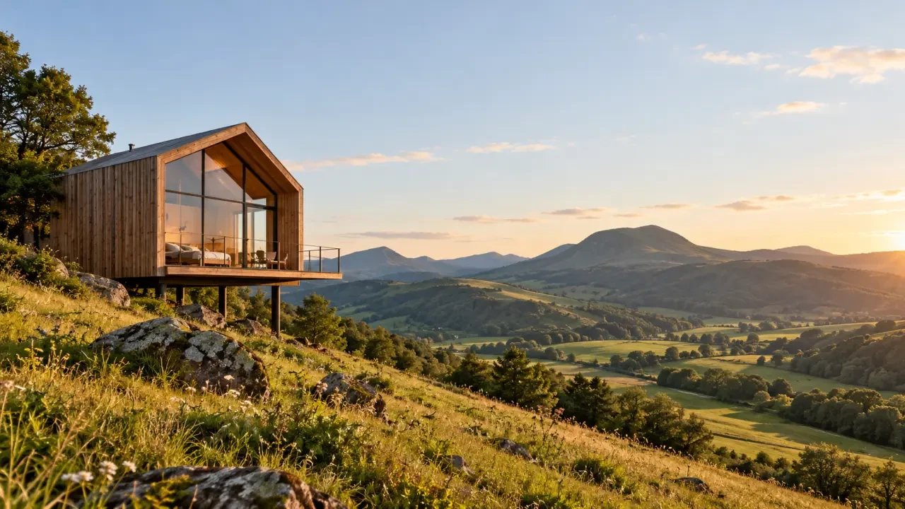 Hébergement insolite dans le Cantal avec cabane en bois face aux paysages volcaniques