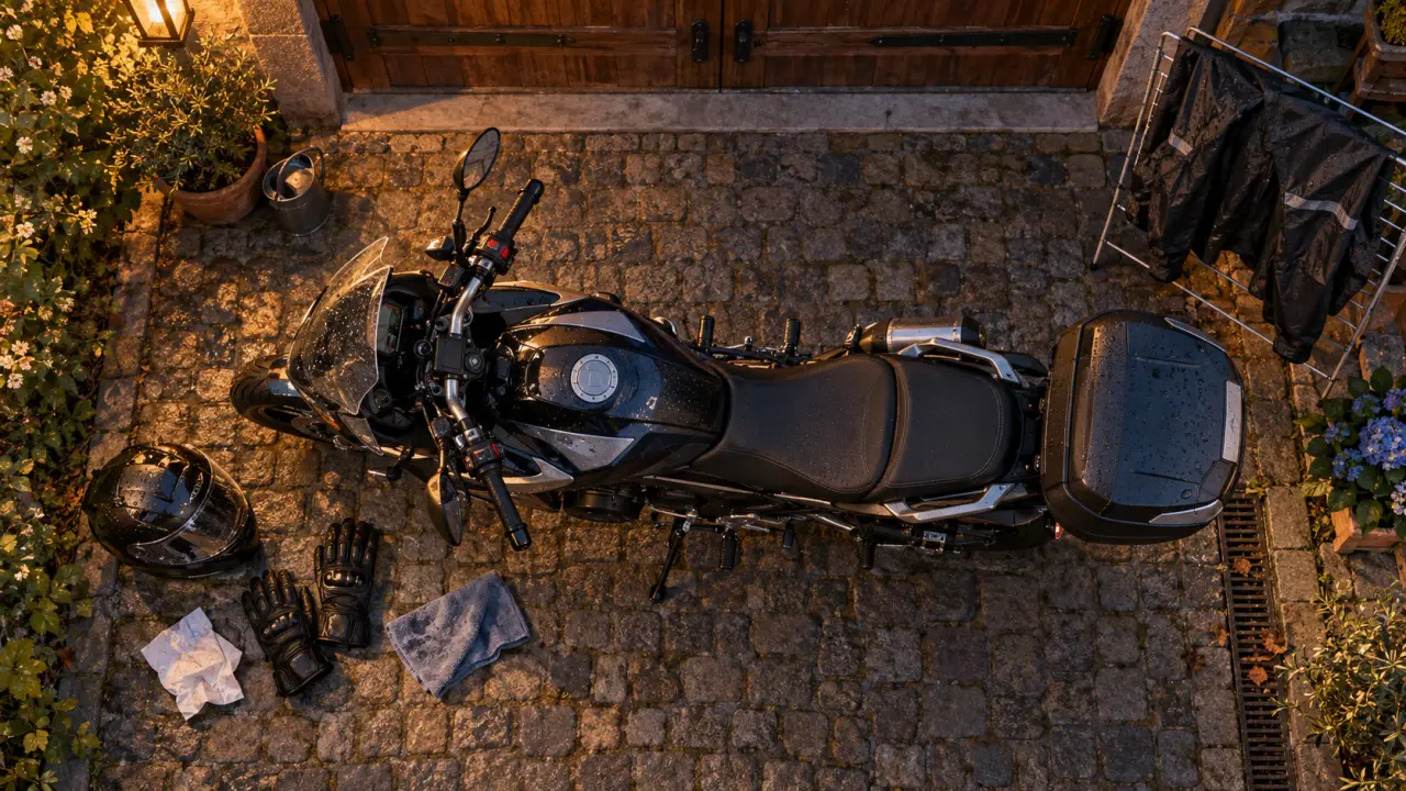 Hébergement motard auvergne : moto près d’un garage et séchoir
