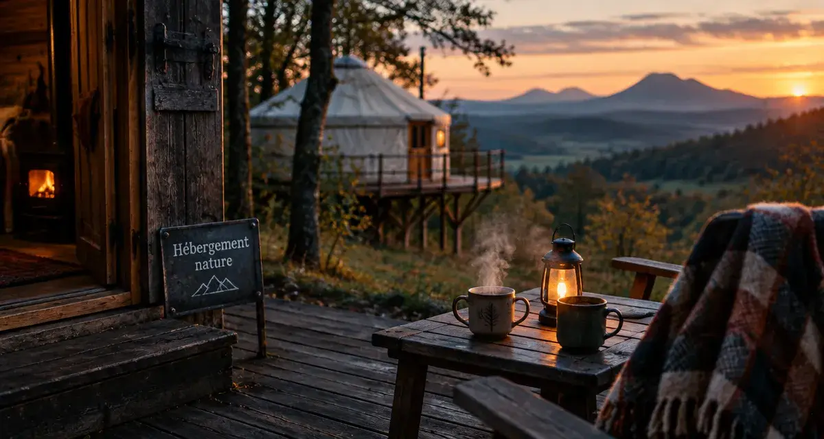 Hébergement nature Auvergne : cabane sur terrasse bois, vue clairière volcanique