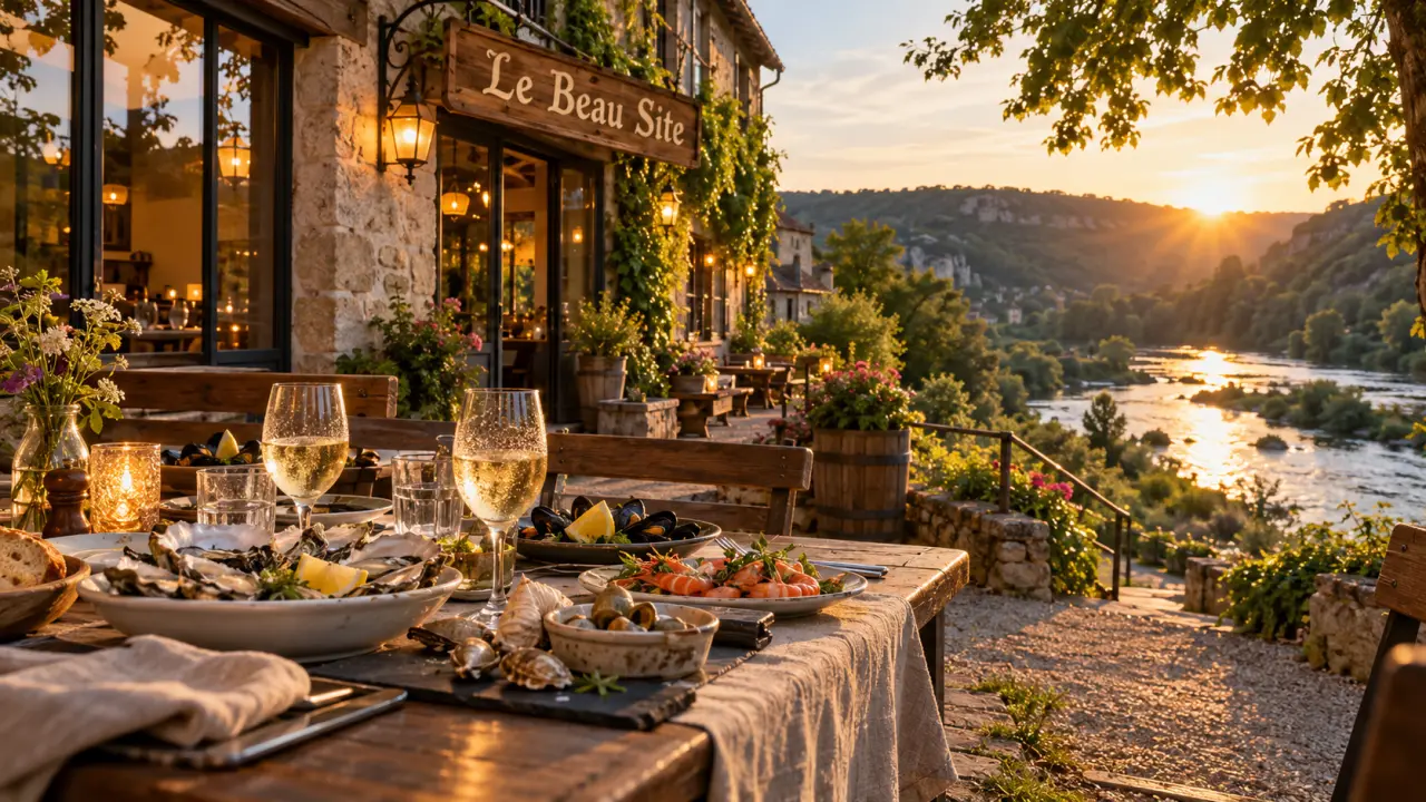 Le beau site auvergne restaurant auberge au bord de la Sioule, terrasse au coucher du soleil