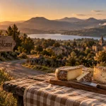Passer un week end en auvergne : table de fromages et vue sur les volcans au golden hour