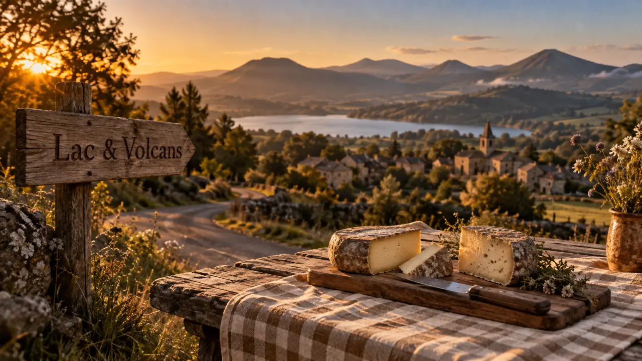 Passer un week end en auvergne : table de fromages et vue sur les volcans au golden hour