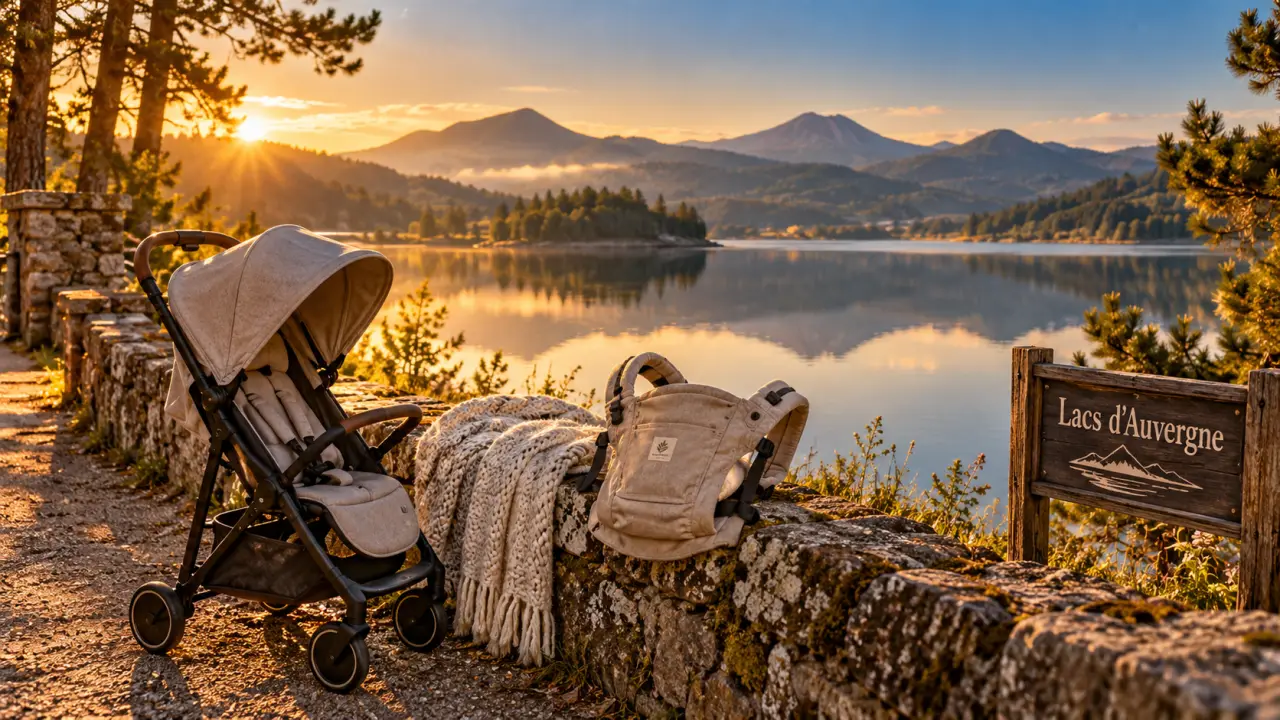 Que faire en Auvergne avec un bebe : poussette près d’un lac calme, auvergnat, golden hour