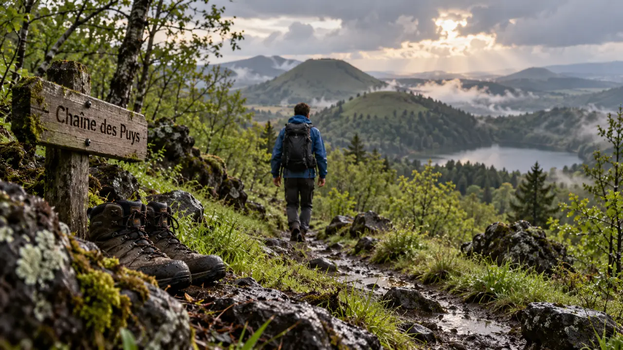 Que faire en Auvergne en avril : sentier vers la chaîne des Puys, paysages volcaniques humides