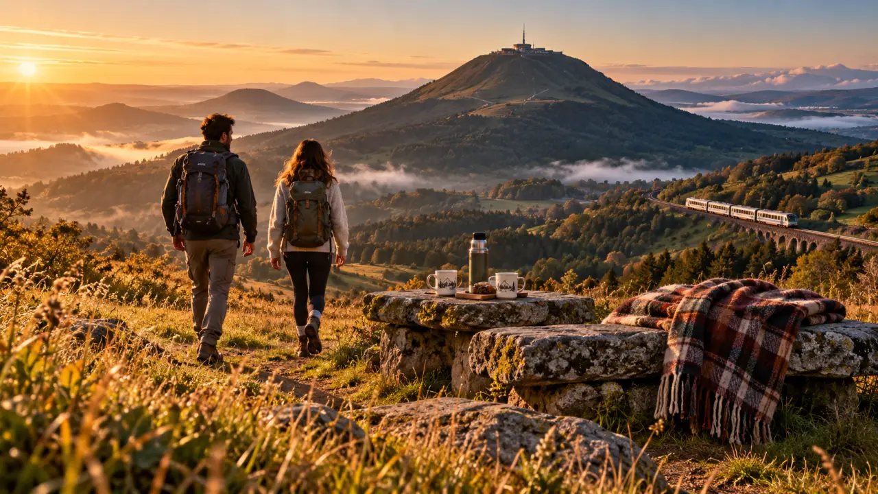 Que faire en Auvergne en couple : couple sur le chemin vers le Puy de Dôme