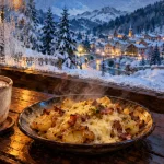 Que faire en Auvergne en février : chocolat chaud au Mont-Dore enneigé par la fenêtre