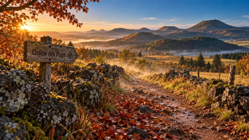Que faire en Auvergne en octobre : Chaîne des Puys brume et feuilles mouillées
