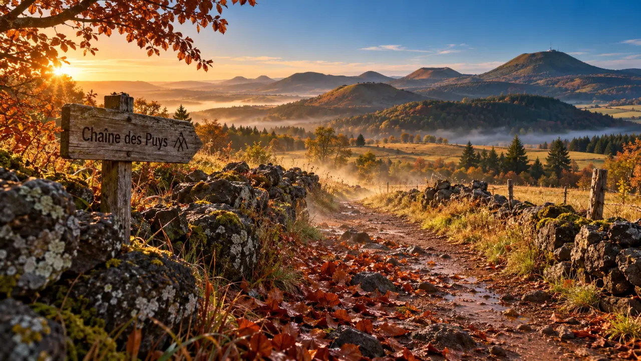 Que faire en Auvergne en octobre : Chaîne des Puys brume et feuilles mouillées