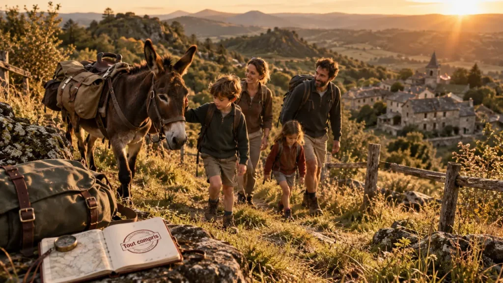 Randonnée âne tout compris auvergne : famille sur sentier avec âne