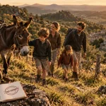 Randonnée âne tout compris auvergne : famille sur sentier avec âne