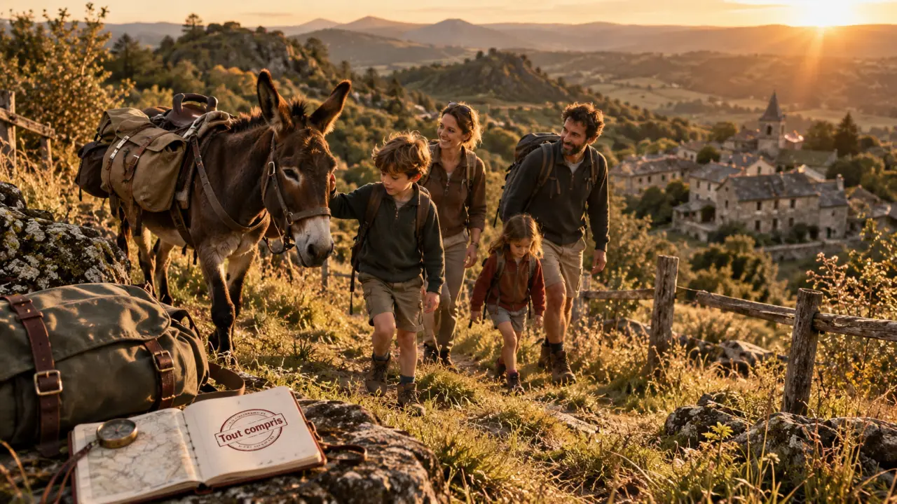 Randonnée âne tout compris auvergne : famille sur sentier avec âne