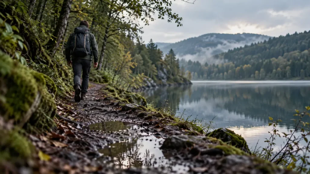 Randonnée aubusson d auvergne au bord d’un lac, sentier et sous-bois.