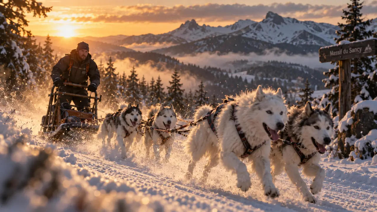 Randonnée chien de traineau auvergne : traîneau et huskys au Sancy sur neige