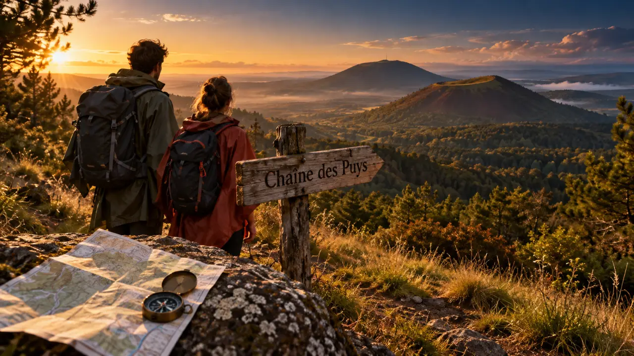 Randonnée en Auvergne itinéraire : couple devant panneau Chaîne des Puys et carte, crêtes et volcans