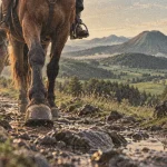Randonnée équestre Auvergne : cheval sur chemin de pierre humide, volcans en fond