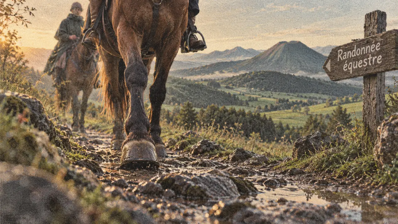 Randonnée équestre Auvergne : cheval sur chemin de pierre humide, volcans en fond