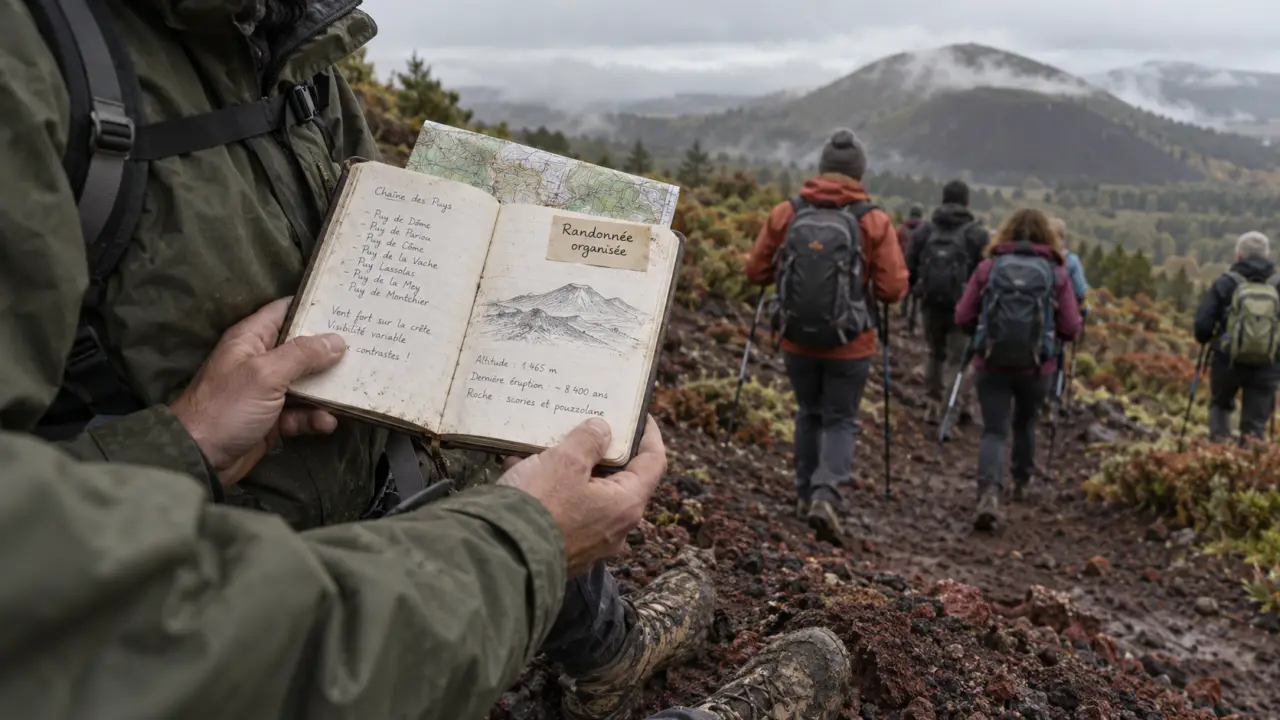 Randonnée organisée Auvergne : groupe de randonneurs avec accompagnateur et carte