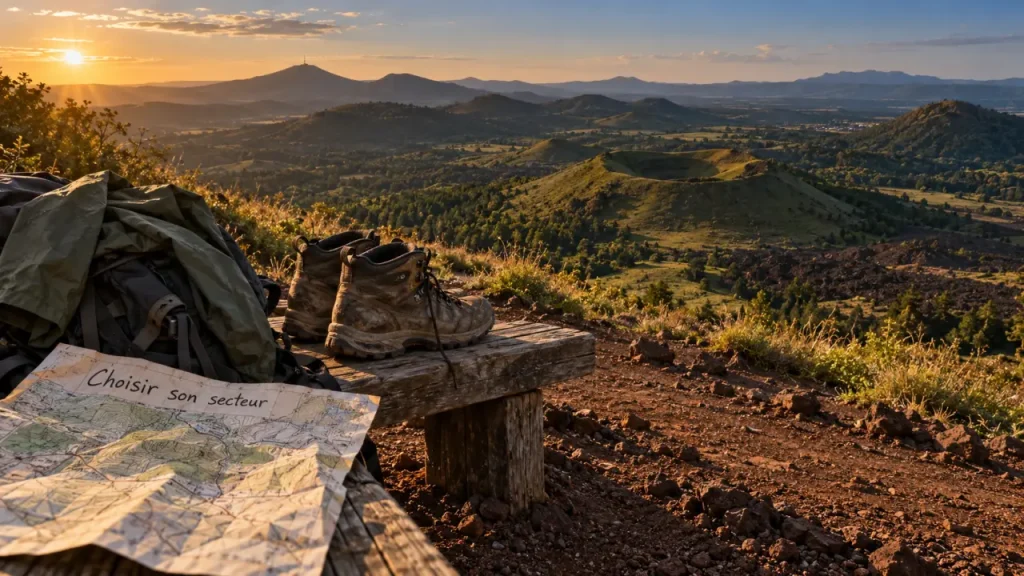 Randonnée parc volcan auvergne : sentier de pouzzolane et vue sur les puys