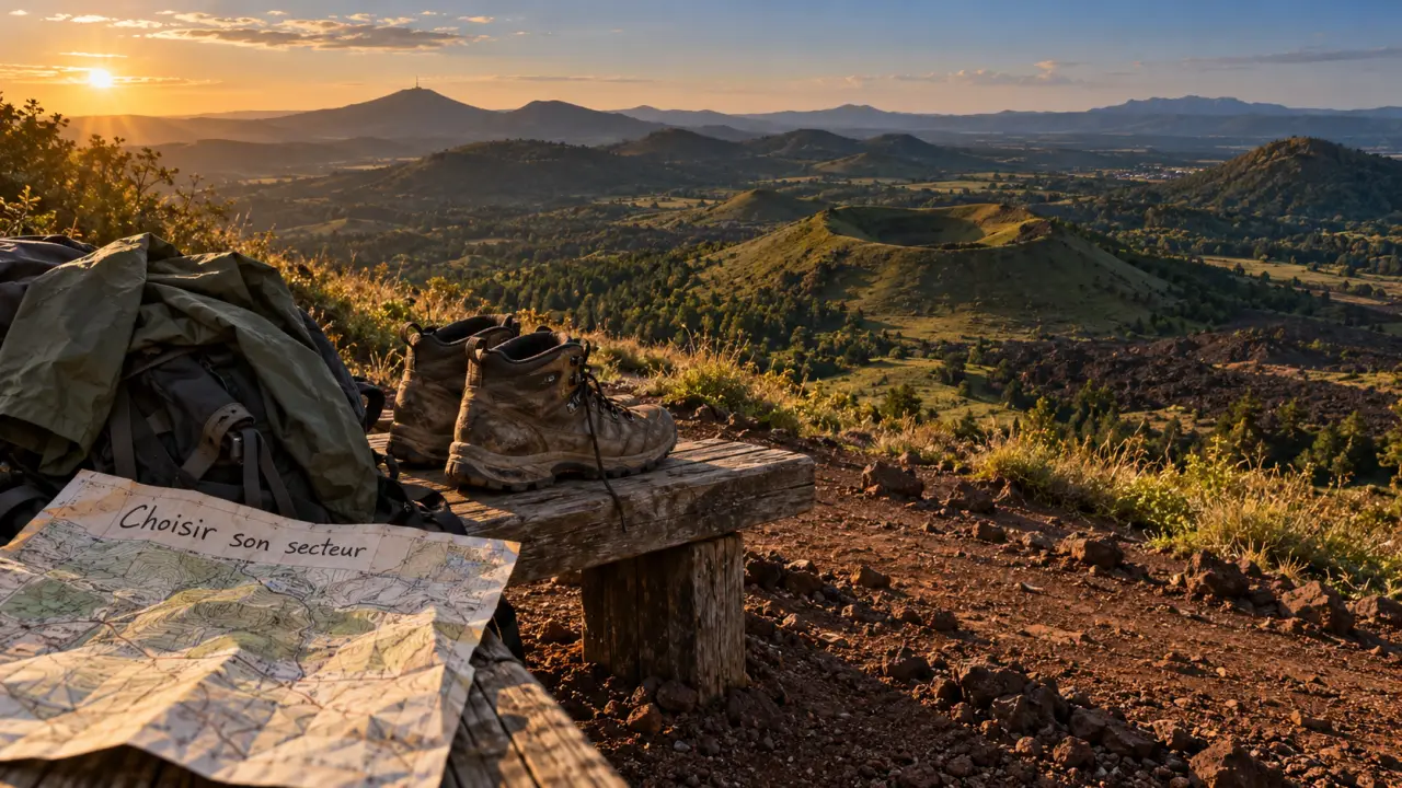 Randonnée parc volcan auvergne : sentier de pouzzolane et vue sur les puys