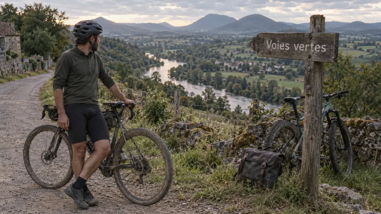 Randonnée vélo Auvergne : cycliste sur route de vallée vers volcans
