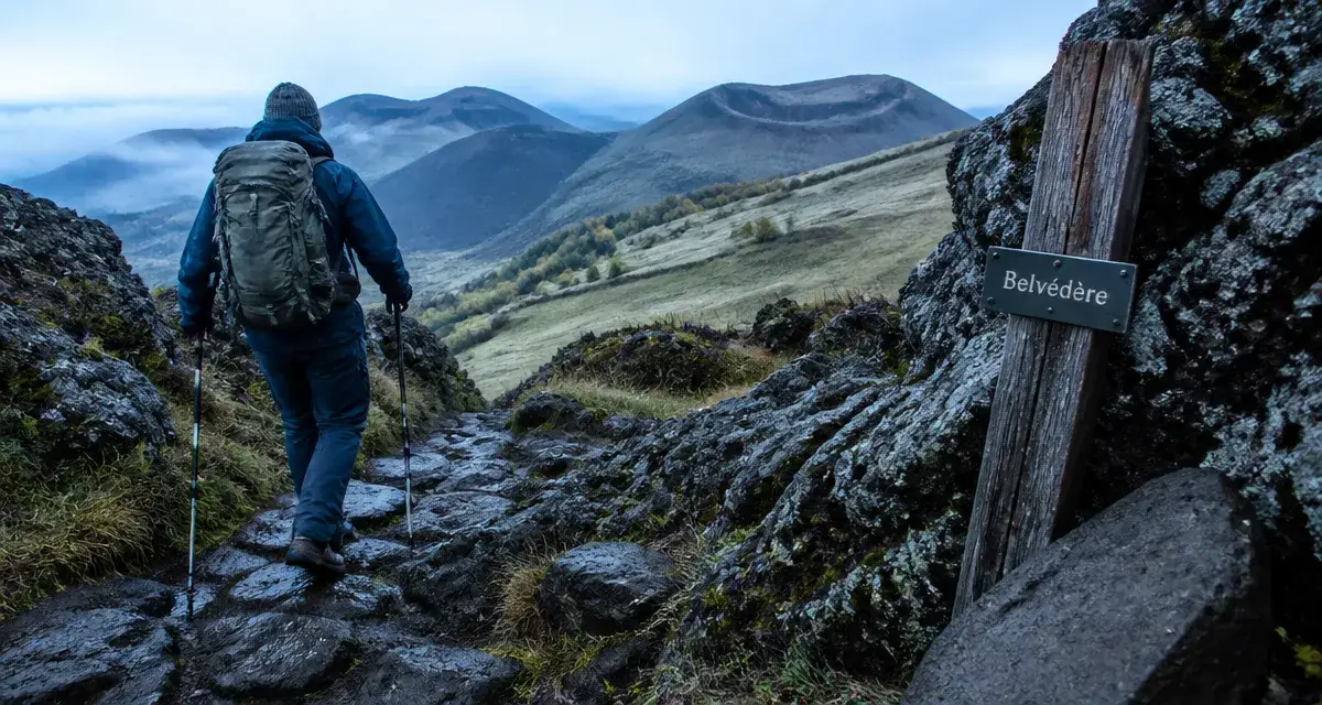 Randonnée volcans d auvergne : randonneur sur le sentier du Puy de Dôme