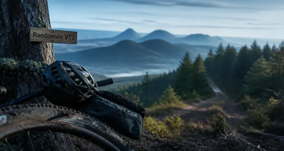 Randonnée VTT en Auvergne : roue VTT sur chemin de crête volcanique