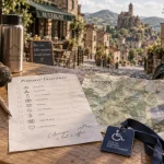 Tourisme et handicap en Auvergne : check-list sur table, carte et badge d’accessibilité