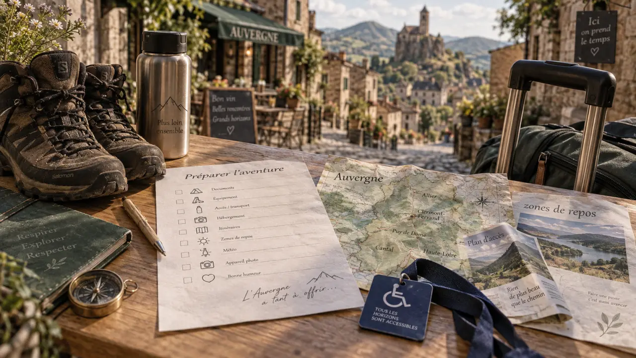 Tourisme et handicap en Auvergne : check-list sur table, carte et badge d’accessibilité