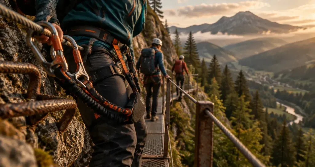 Via ferrata du capucin au Mont-Dore : câble, barreaux et passerelle étroite