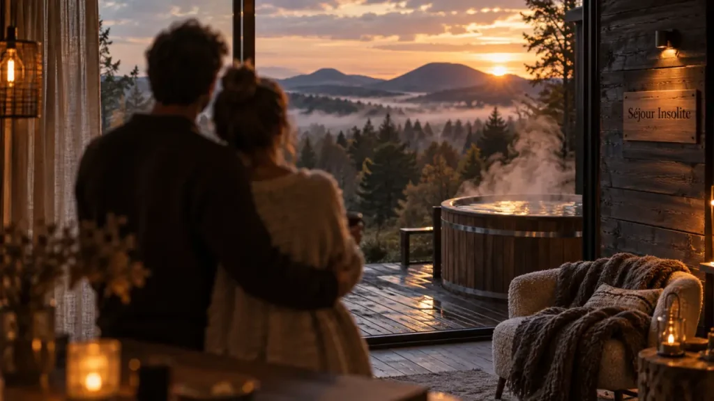 Week end amoureux insolite auvergne rhone alpes : couple en cabane bois, bain nordique fumant