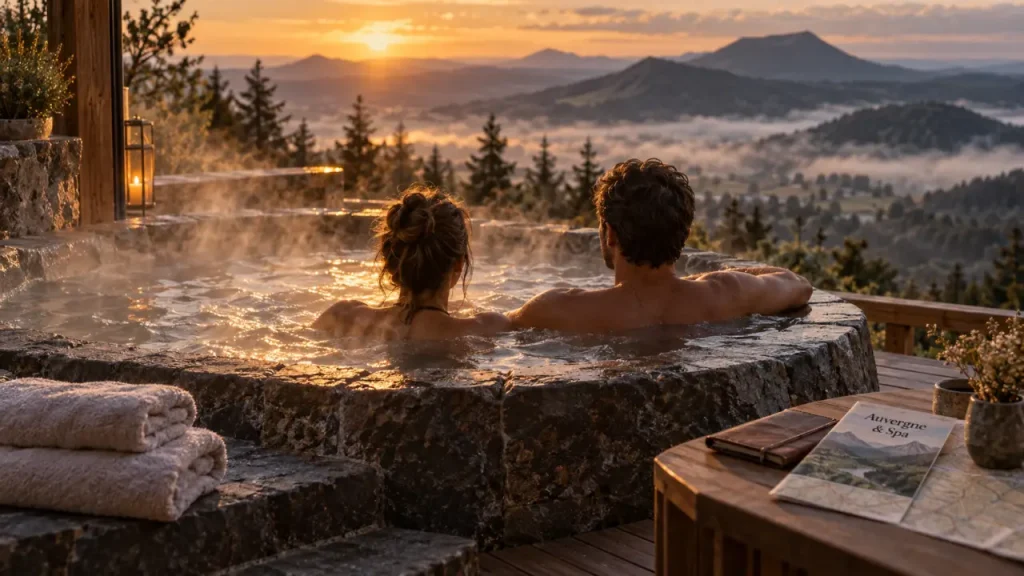 Week end amoureux jacuzzi auvergne : couple en jacuzzi privatif à la golden hour, vue volcans