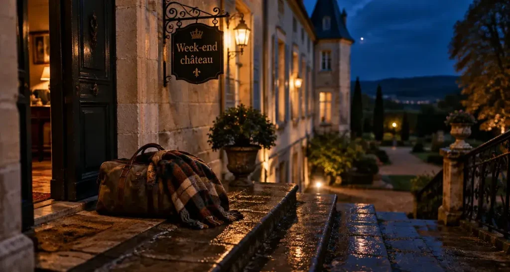 week end chateau auvergne : arrivée devant un petit château en pierre