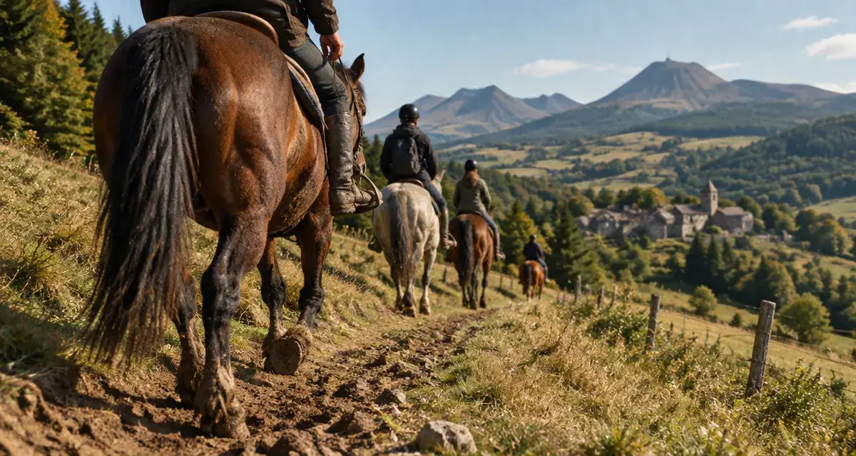 Week end cheval auvergne : chevaux sur un sentier vers les volcans d’Auvergne