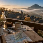 Week end de charme en Auvergne au petit matin, balcon surplombant un village