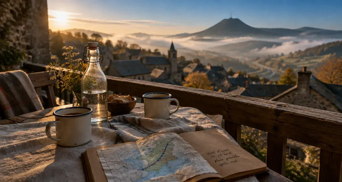 Week end de charme en Auvergne au petit matin, balcon surplombant un village