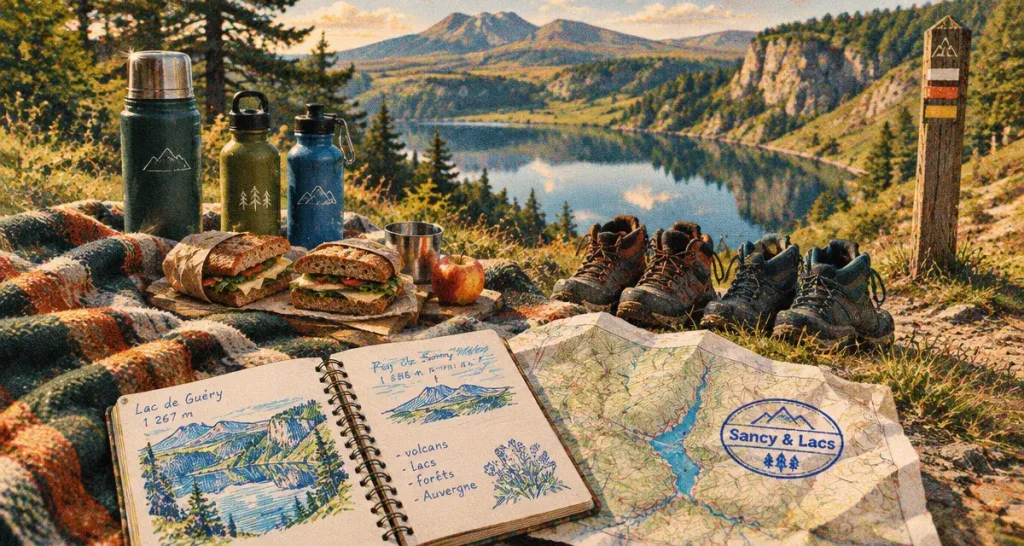 Week end en famille auvergne rhone alpes : pique-nique en forêt près d’un lac et des volcans