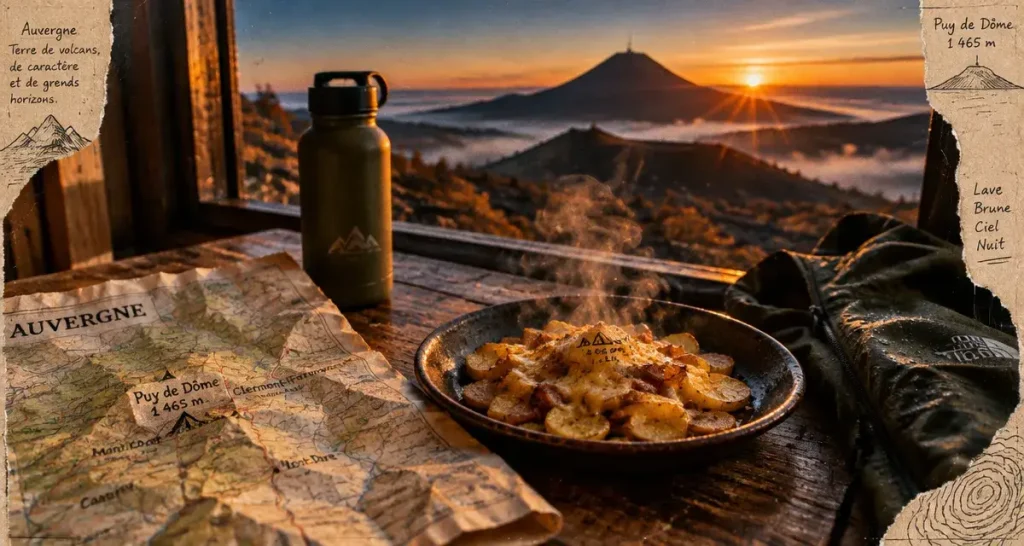 Week end nature auvergne : carte d’Auvergne et puy de Dôme au lever du soleil