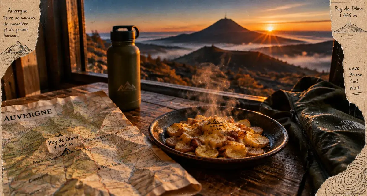 Week end nature auvergne : carte d’Auvergne et puy de Dôme au lever du soleil