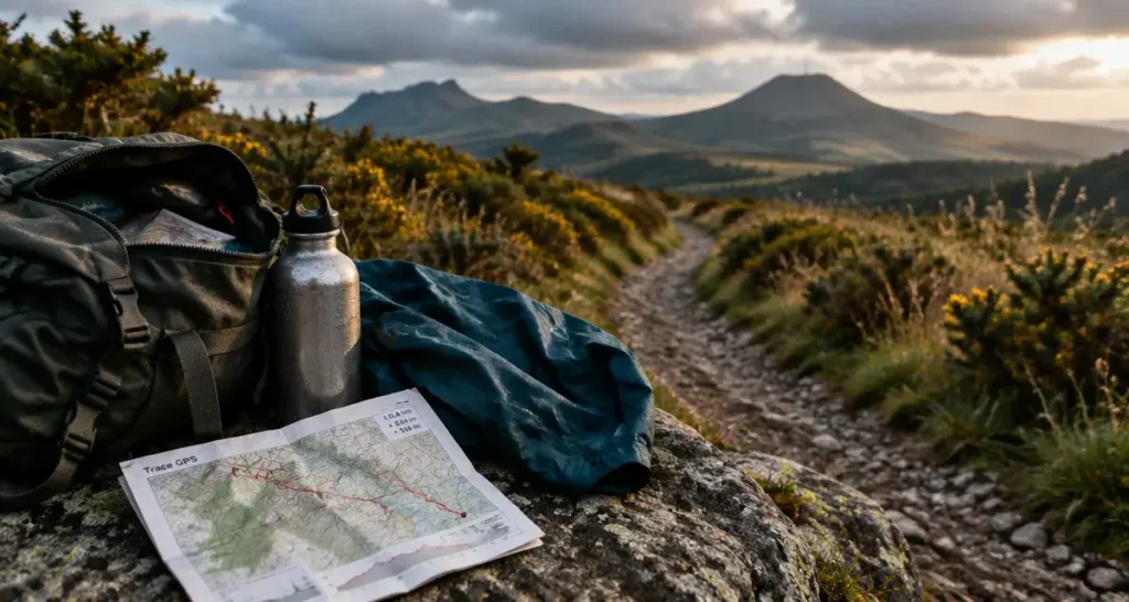Week end rando auvergne : sentier avec sac à dos, volcans et burons