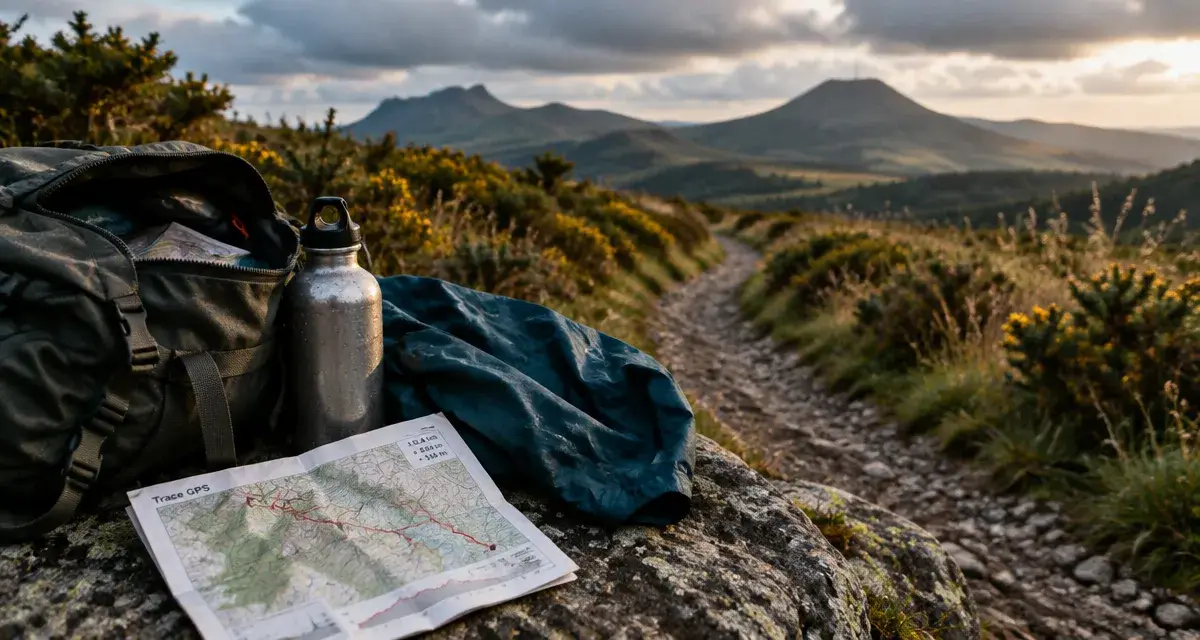 Week end rando auvergne : sentier avec sac à dos, volcans et burons