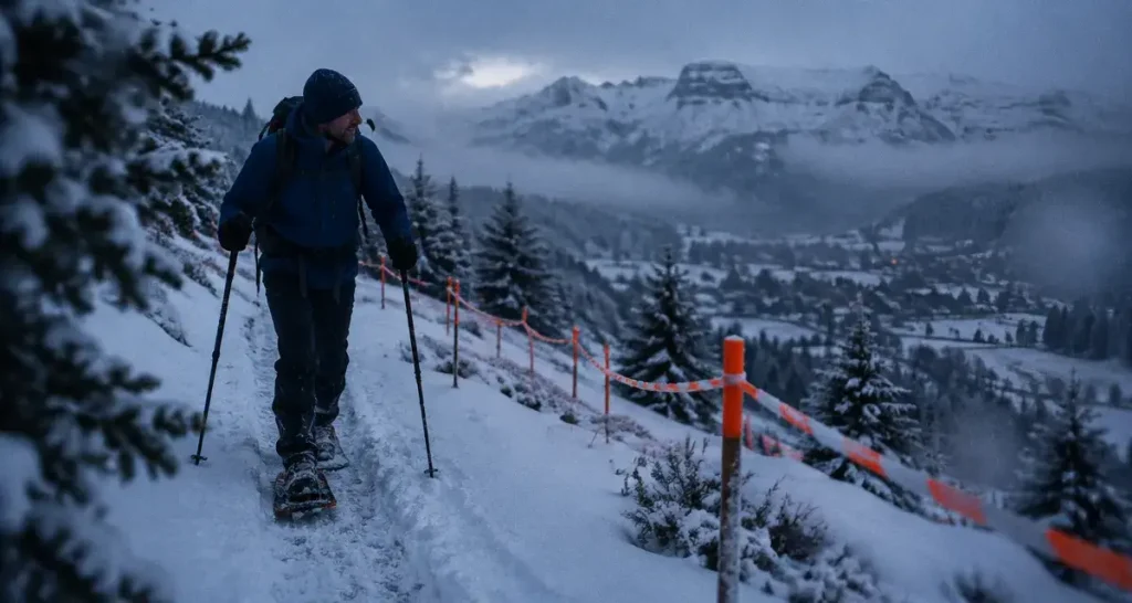 Week end raquette Auvergne : randonneur en raquettes sur neige